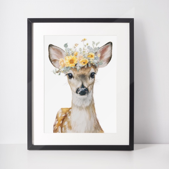 Watercolor Deer with Flower Wreath Illustration Wall Art Print Poster, Unframed - Picture 3 of 6